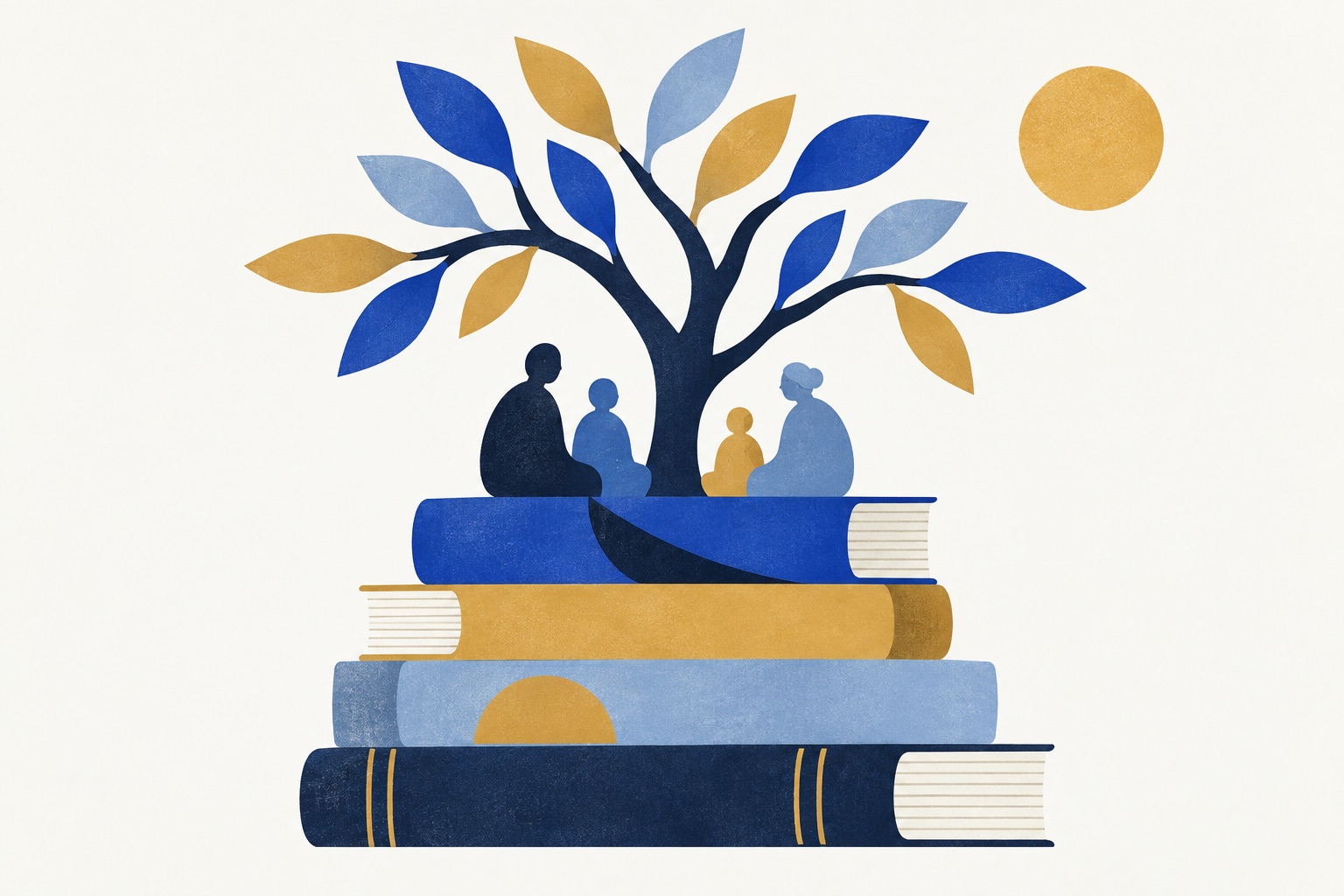 A family beneath a branching tree rooted in a stack of books.